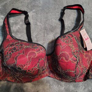 Balconette Lace Bra - Red & Black with Gold - Lane Bryant Cacique - Size 44D